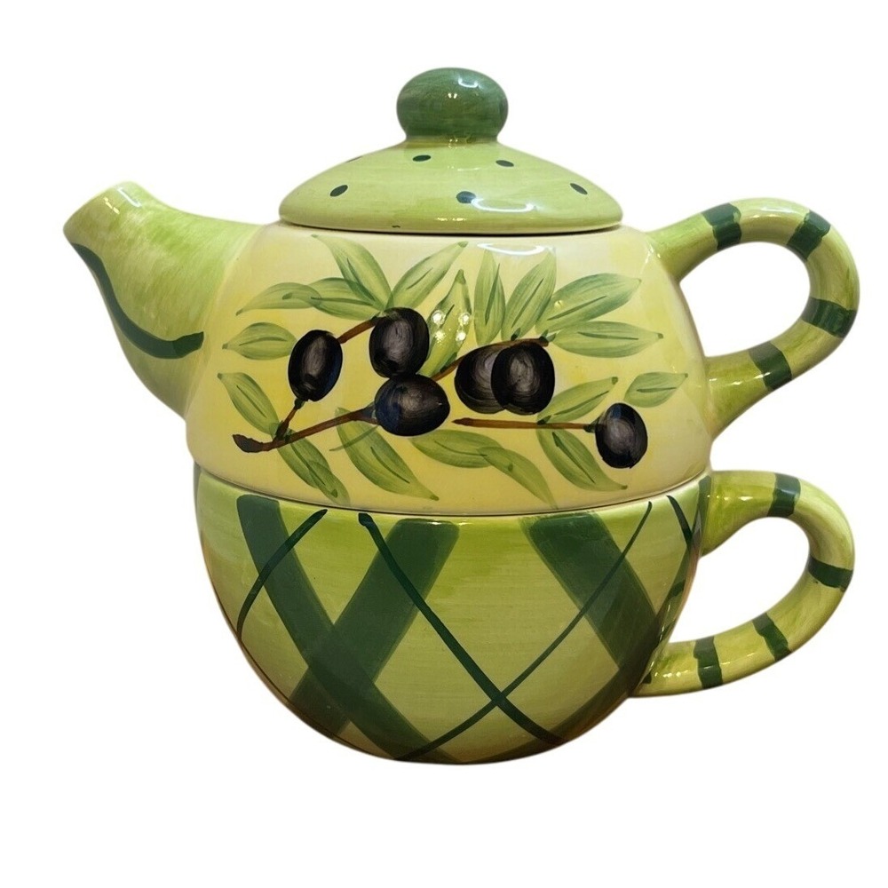 Olive Tea For One Set Teapot and‎ Cup Stackable Kitchen Decor Ceramic